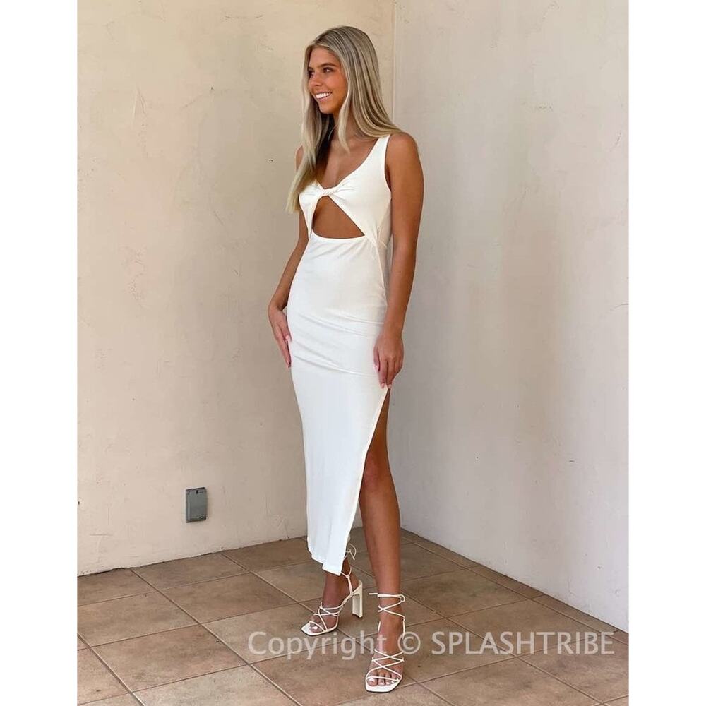 L SPACE Nico Ribbed Midi Dress With Twist Front And Slit Side Cream $132 Size M - Picture 4 of 9